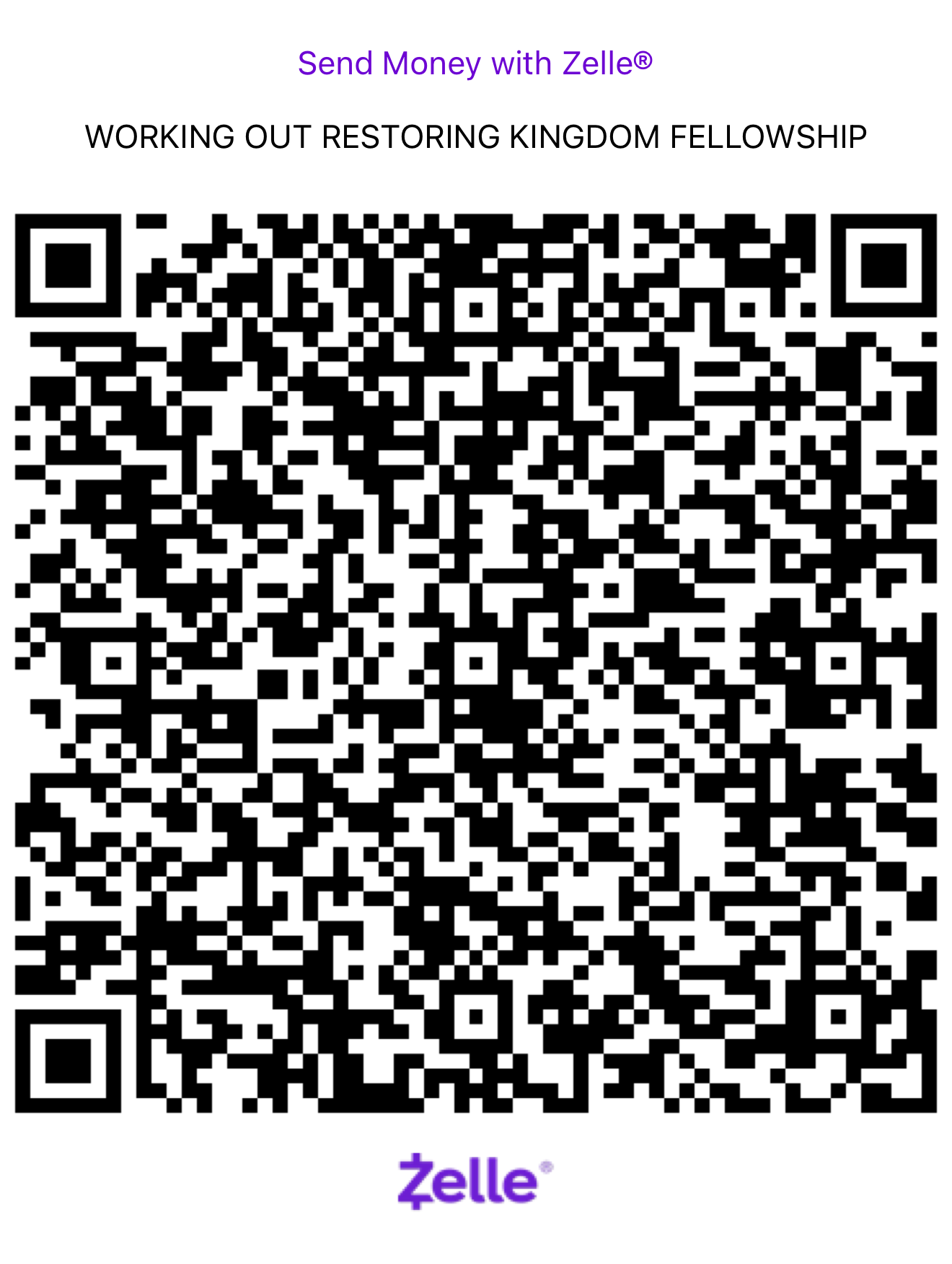 Zelle QR code for Working Out Restoring Kingdom Fellowship